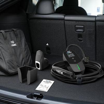 EVDANCE Level 2 NEMA 10-30 Plug 24A Portable EV Charger, a connector holder, a charger holder, a product manuals and  a carrying bag.