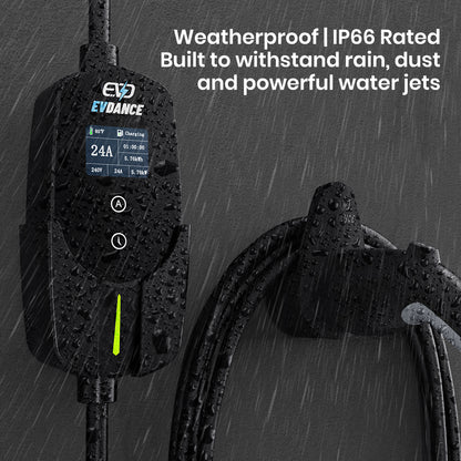 The EVDANCE Level 2 NEMA 14-30 Plug 24A J1772  Portable Electric Vehicle (EV) Charger Weatherproof | IP66 Rated, built to withtand rain, dust and powerful water jets.