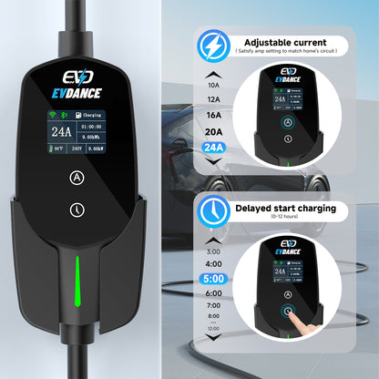 The EVDANCE Level 2 NEMA 14-30 Plug 24A J1772 Portable Electric Vehicle (EV) Charger allows for adjustable current and deayed start charging of 0 to 12 hours