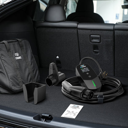 The EVDANCE Level 2 NEMA 14-30 Plug 24A J1772 Portable Electric Vehicle (EV) Charger packing list: Charger holder, carrying bag, connector holder, user manual and the charger with 25FT cable, NEMA 14-30 Plug and velcro straps.