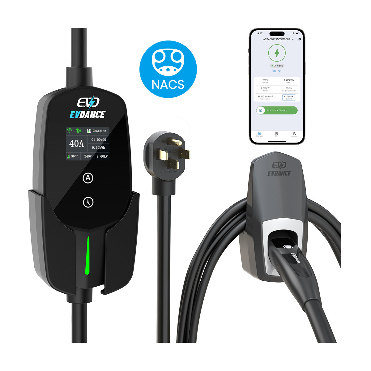 EVDANCE 240V 40A Tragbares 2-in-1-EV-Ladegerät für Tesla