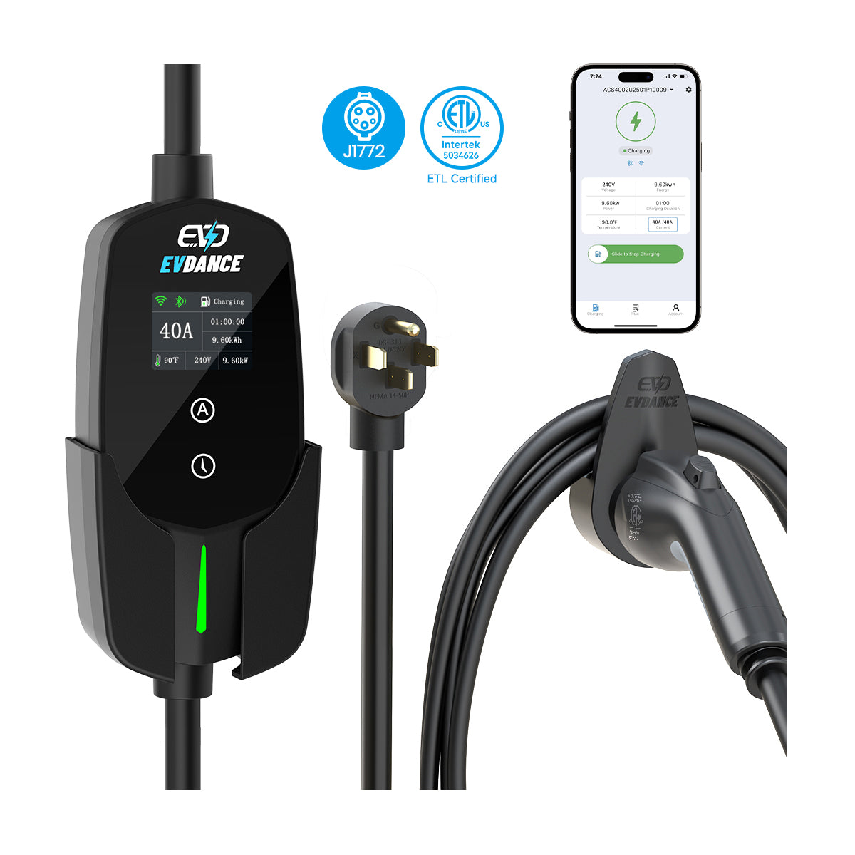 EVDANCE 240V 40A Tragbares 2-in-1-EV-Ladegerät für Tesla