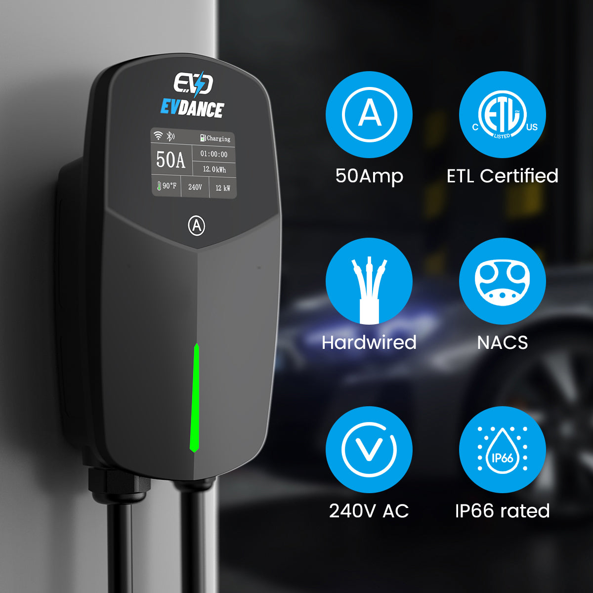 EVDANCE 240V 40A Tragbares 2-in-1-EV-Ladegerät für Tesla