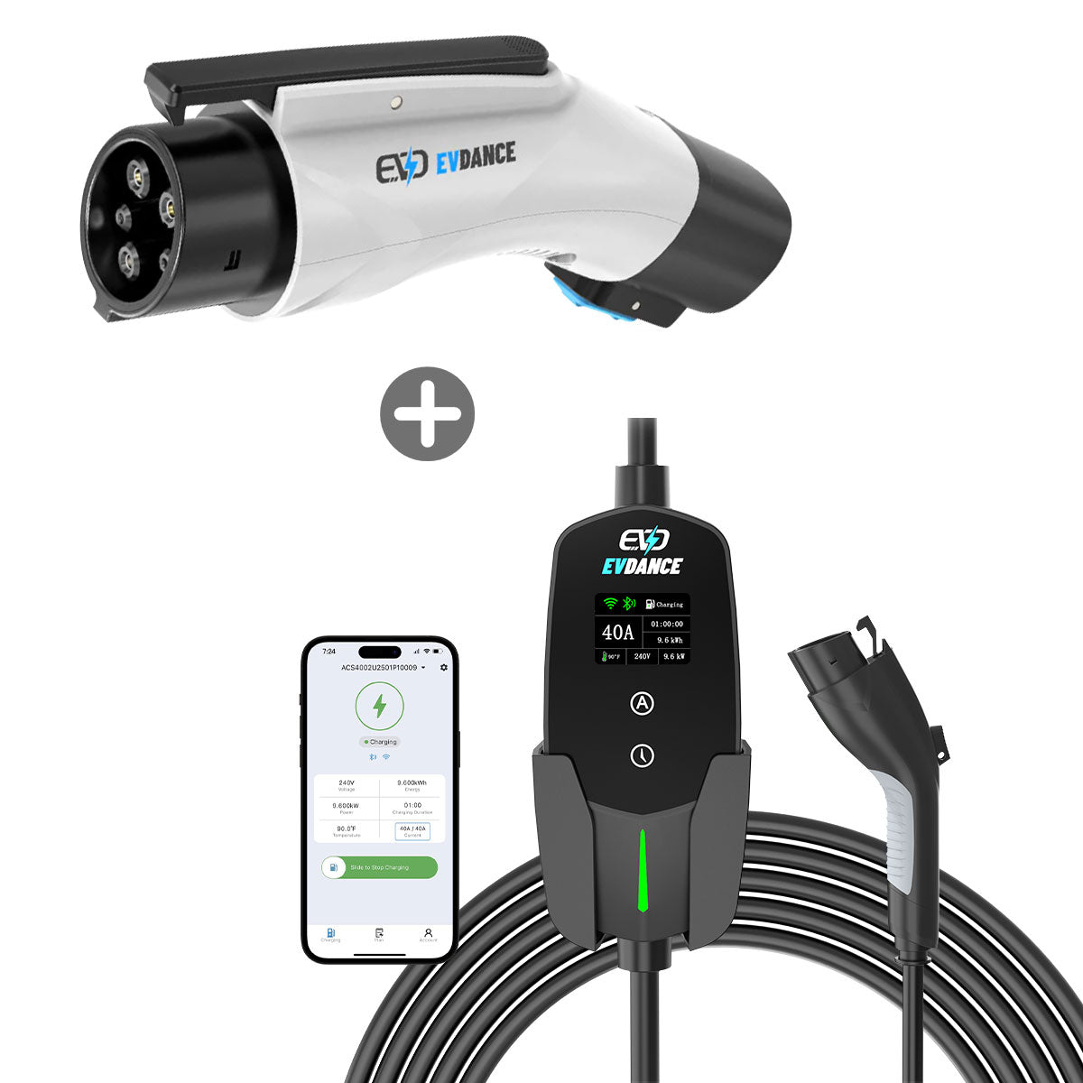 EVDANCE Flux Level 2 NEMA 14-50 Plug 40A J1772 Portable EV Charger + NACS To J1772 Adapter 80A Max
