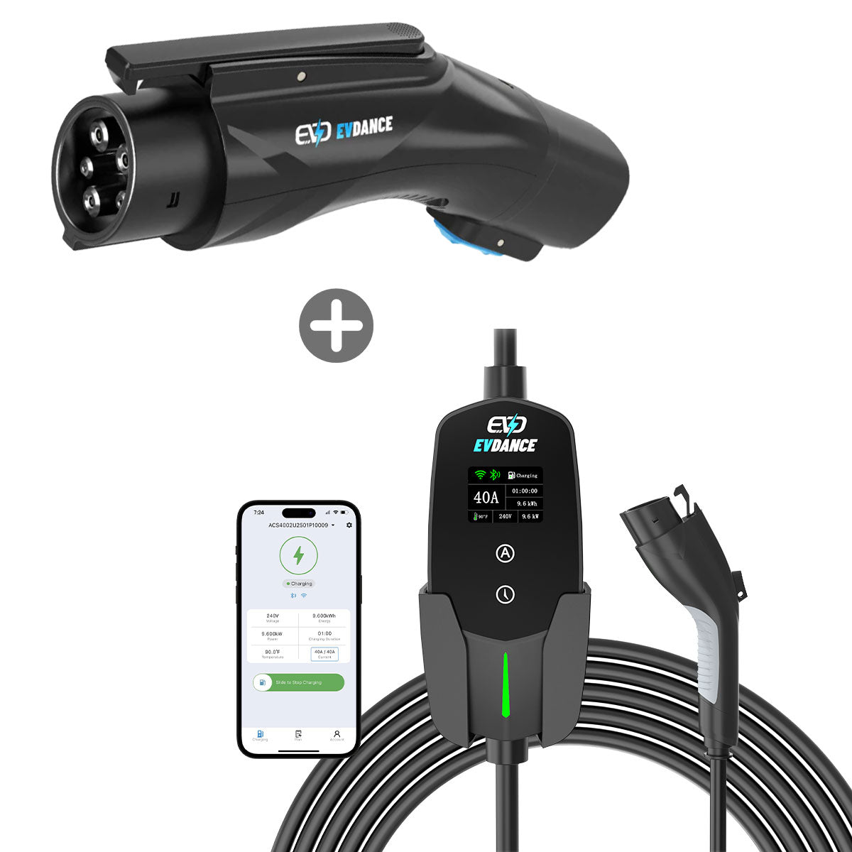 EVDANCE Flux Level 2 NEMA 14-50 Plug 40A J1772 Portable EV Charger + NACS To J1772 Adapter 80A Max