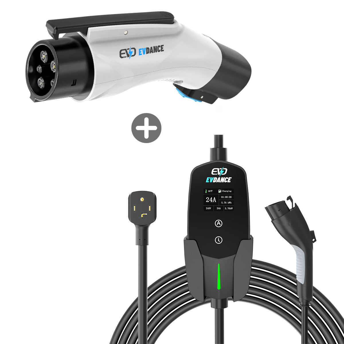 EVDANCE Level 2 NEMA 14-30 Plug 24A J1772 Portable EV Charger + NACS To J1772 Adapter