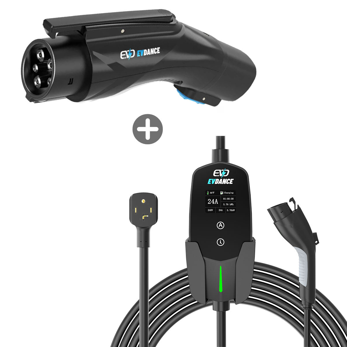 EVDANCE Level 2 NEMA 14-30 Plug 24A J1772 Portable EV Charger + NACS To J1772 Adapter