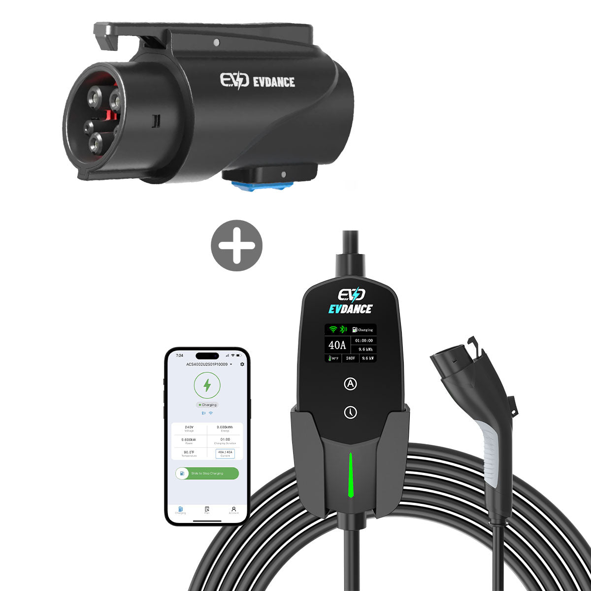 EVDANCE Flux Level 2 NEMA 14-50 Plug 40A J1772 Portable EV Charger + NACS To J1772 Adapter 80A Max