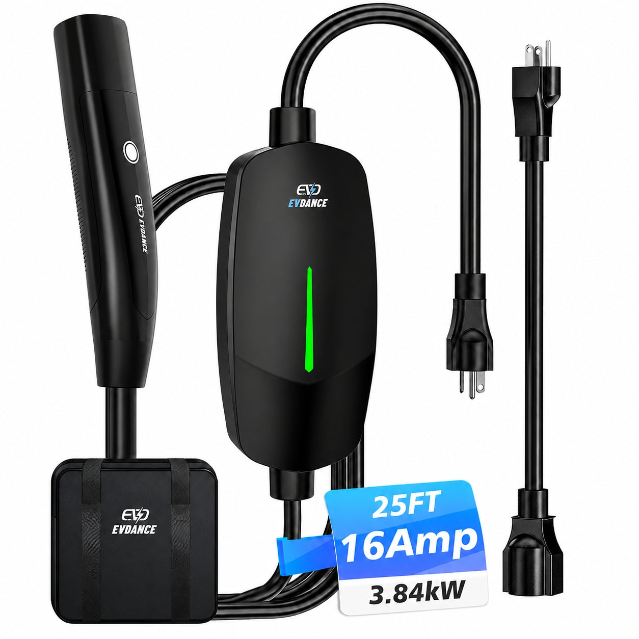 EVDANCE Portable Tesla Level 1+2 EV Charger | 110V &240V| 16 Amp | NEMA 5-15&6-20 #Color_Black