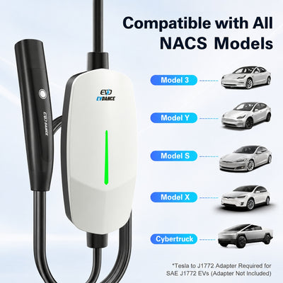 EVDANCE Portable Tesla Level 1+2 EV Charger | 110V &240V| 16 Amp | NEMA 5-15&6-20 #Color_White