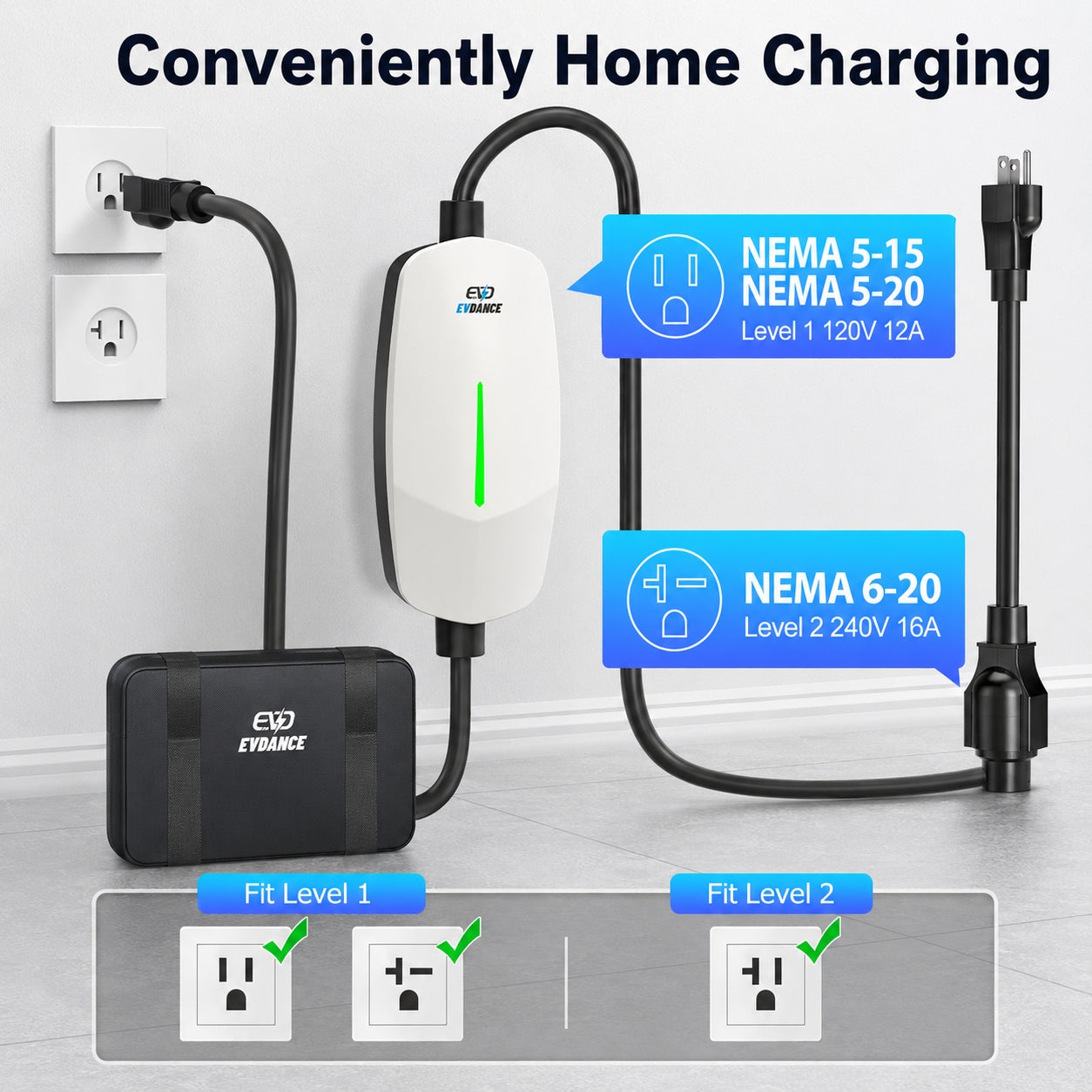 EVDANCE Portable Tesla Level 1+2 EV Charger | 110V &240V| 16 Amp | NEMA 5-15&6-20 #Color_White