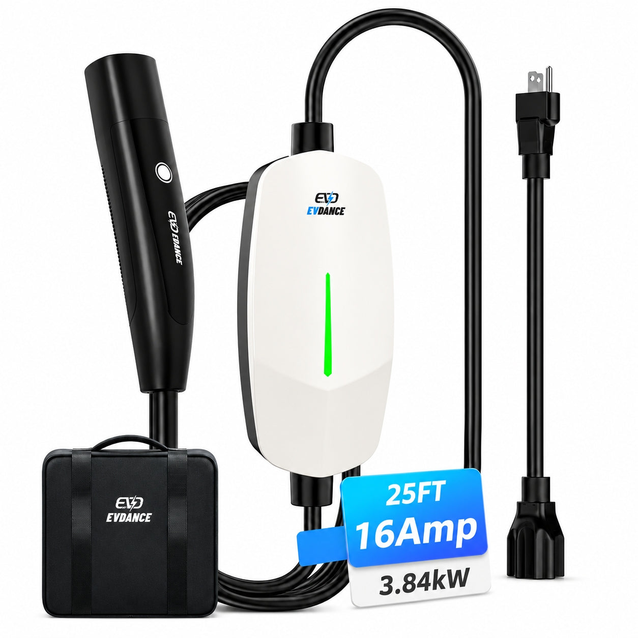 EVDANCE Portable Tesla Level 1+2 EV Charger | 110V &240V| 16 Amp | NEMA 5-15&6-20 #Color_White