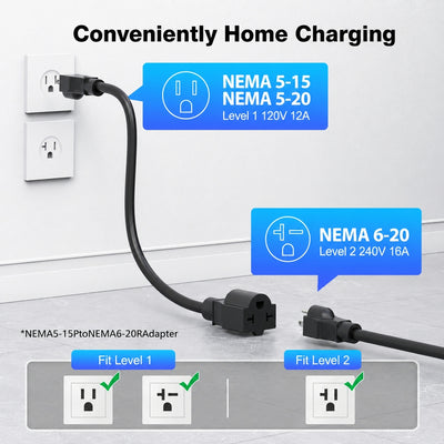 EVDANCE Level 1&2 EV Charger NEMA 6-20 J1772 Portable Dual Plug In - 12/16A