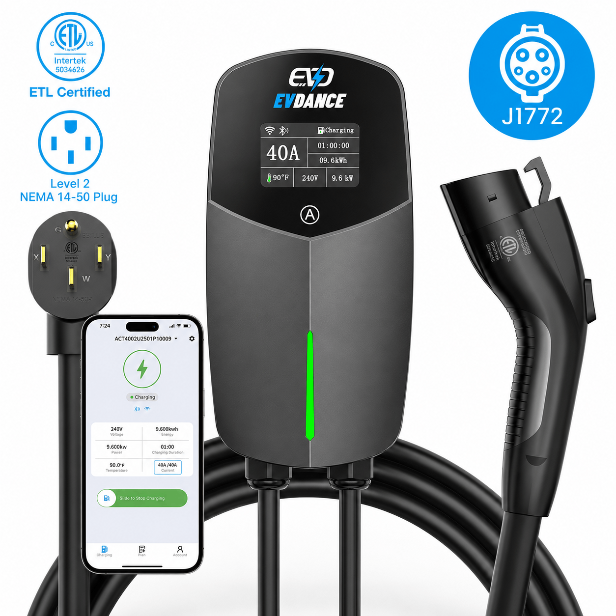 EVDANCE  Home Level 2 EV Charger NEMA 14-50 J1772 Wall-mounted Plug In - 40A
