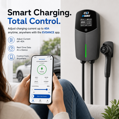 Chargeur portable pour véhicule électrique EVDANCE Flux Level 2 NEMA 14-50 40 A J1772, compatible Wi-Fi