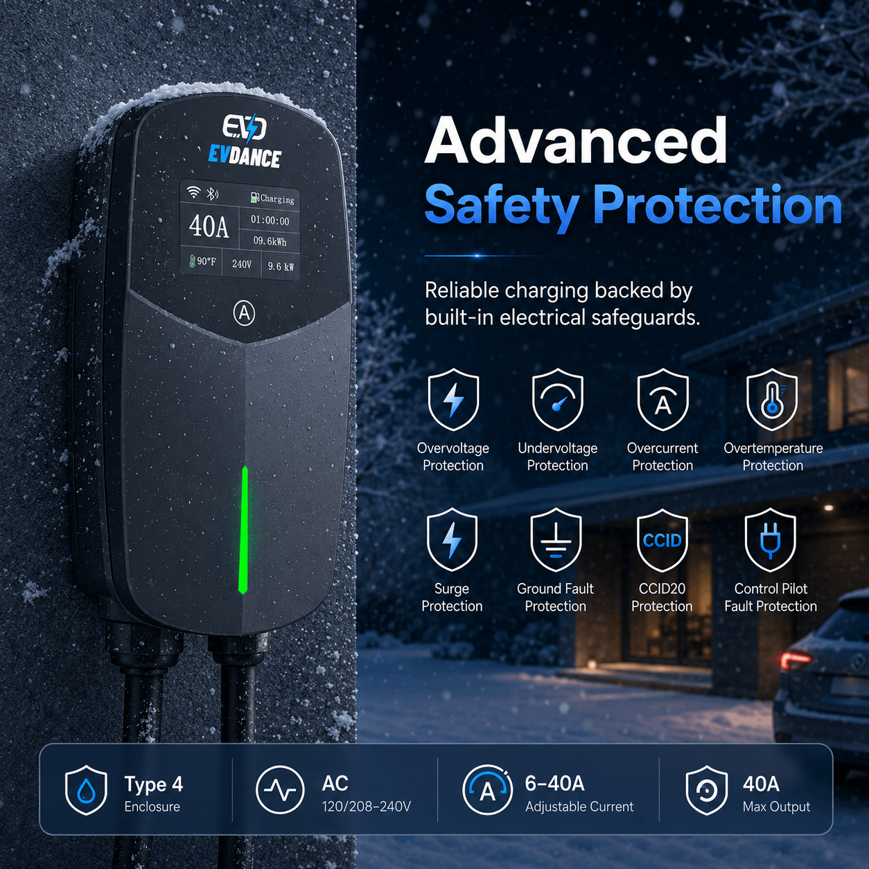 Chargeur portable pour véhicule électrique EVDANCE Flux Level 2 NEMA 14-50 40 A J1772, compatible Wi-Fi