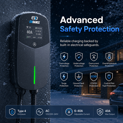 Chargeur portable pour véhicule électrique EVDANCE Flux Level 2 NEMA 14-50 40 A J1772, compatible Wi-Fi