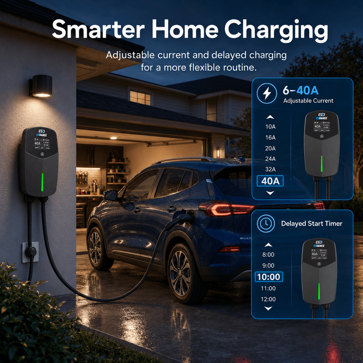 Chargeur portable pour véhicule électrique EVDANCE Flux Level 2 NEMA 14-50 40 A J1772, compatible Wi-Fi