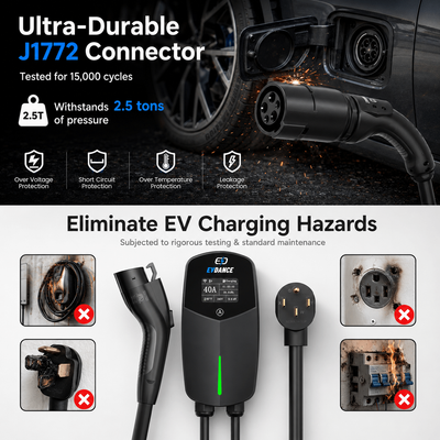 Chargeur portable pour véhicule électrique EVDANCE Flux Level 2 NEMA 14-50 40 A J1772, compatible Wi-Fi