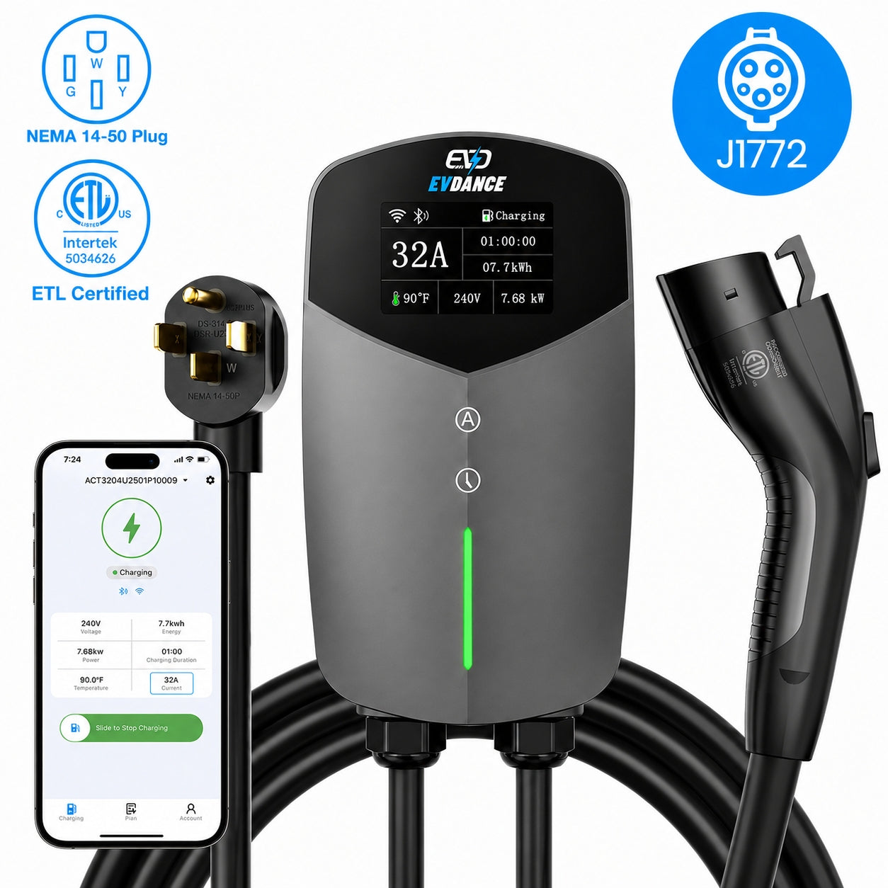 EVDANCE Home Level 2 EV Charging J1772 NEMA 14-50 Plug ETL Certified - 32A | 240V
