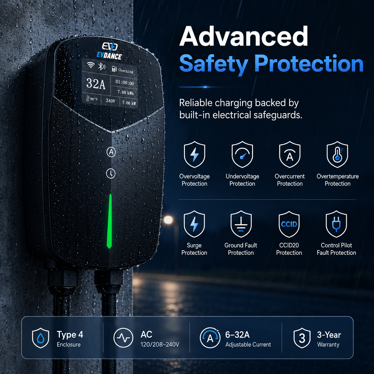EVDANCE Home Level 2 EV Charging NACS Tesla NEMA 14-50 Plug ETL Certified - 32A | 240V