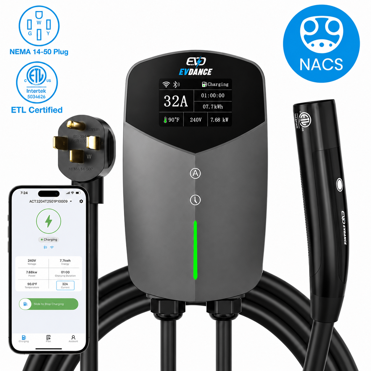 EVDANCE Home Level 2 EV Charging NACS Tesla NEMA 14-50 Plug ETL Certified - 32A | 240V