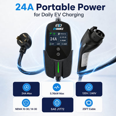EVDANCE Level 2 NEMA 10-30 24A J1772 Portable EV Charger