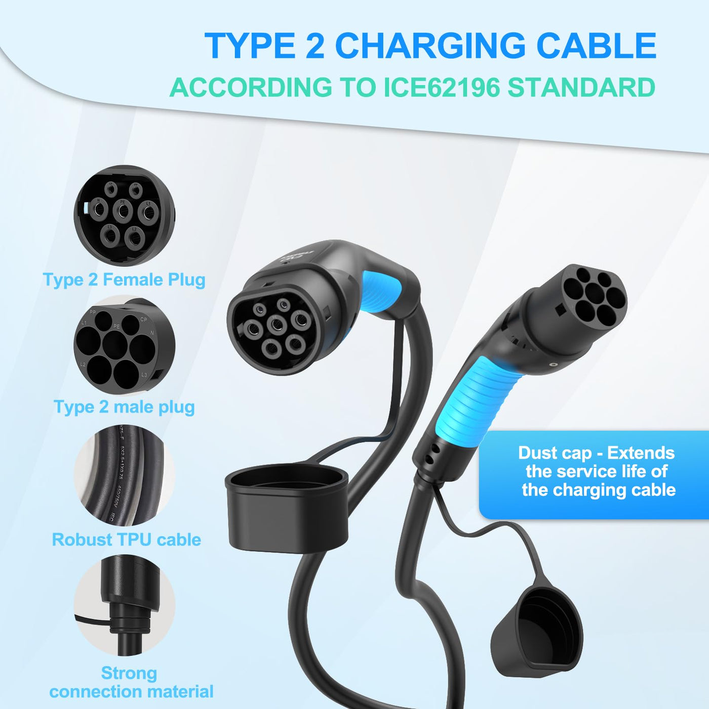 EVDANCE Type 2 to Type 2 EV Charging Extension Cable 1 Phase 