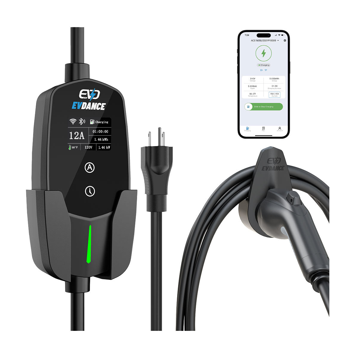 EVDANCE Flux Level 1 NEMA 5-15 Plug 12A J1772/NACS Portable EV Charger
