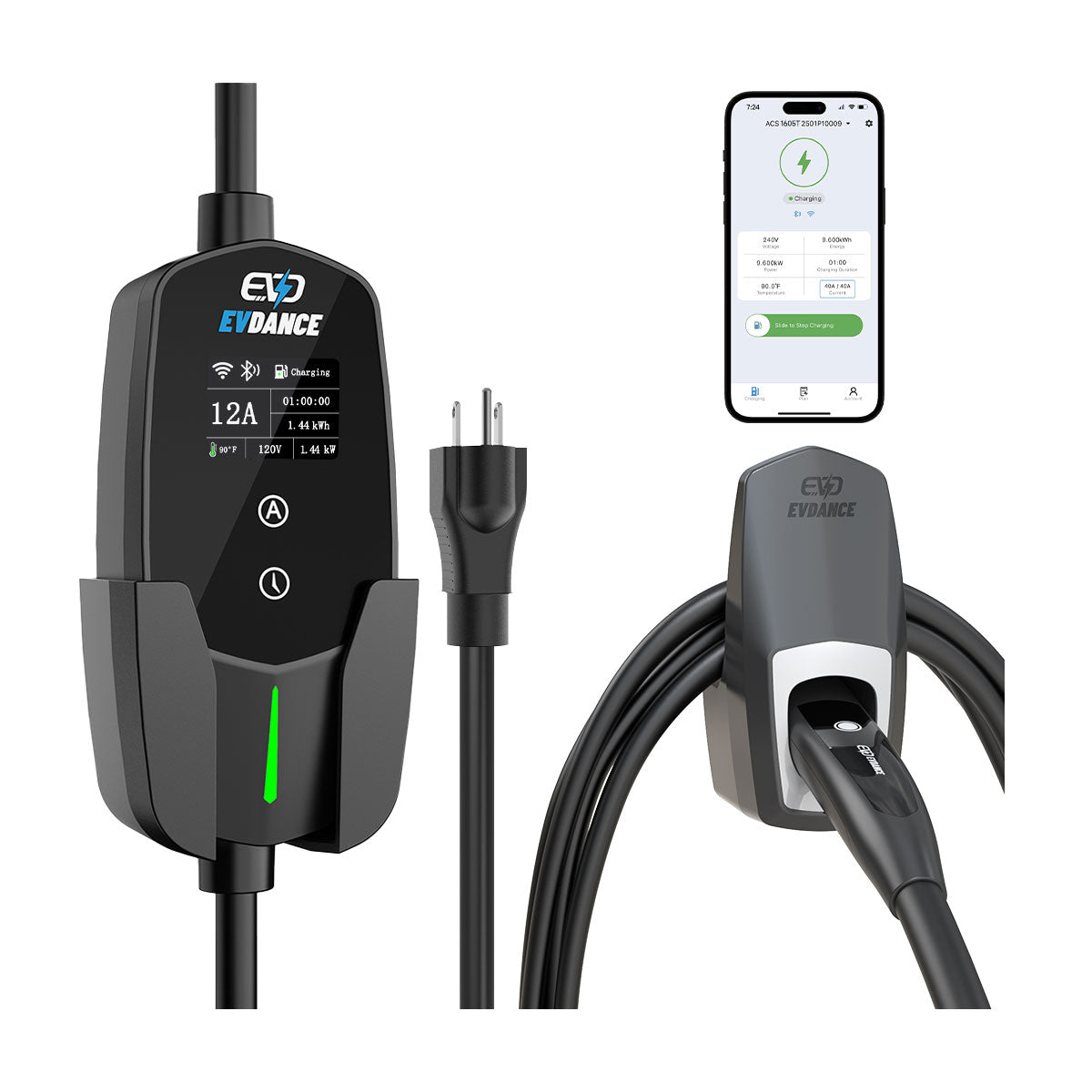 EVDANCE Flux Level 1 NEMA 5-15 Plug 12A J1772/NACS Portable EV Charger