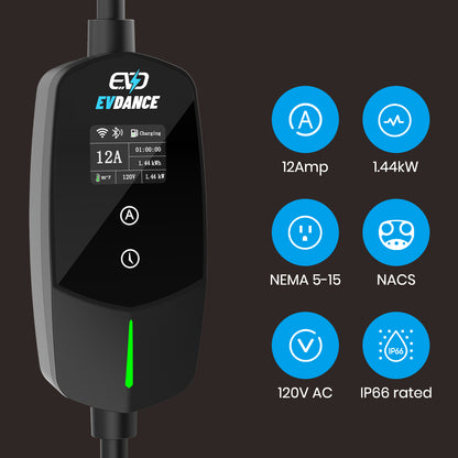 EVDANCE Flux Level 1 NEMA 5-15 Plug 12A NACS Portable EV Charger