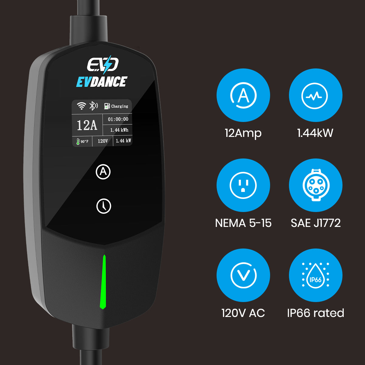 EVDANCE Flux Level 1 NEMA 5-15 Plug 12A J1772 Portable EV Charger
