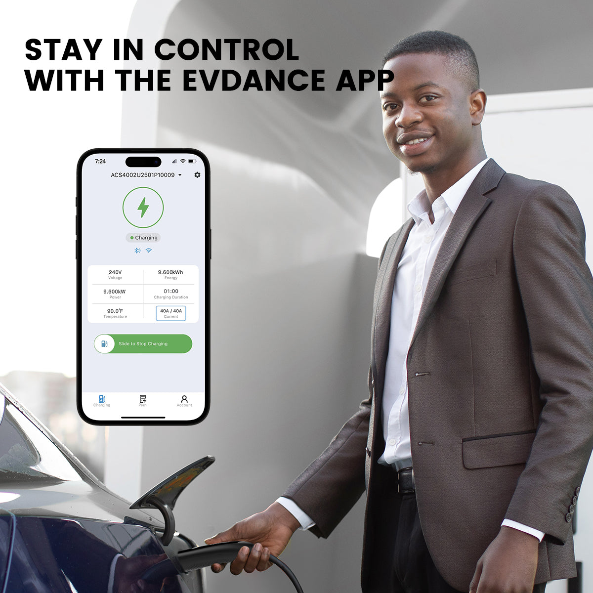 A male is inserting the NACS plug into the Model Y's charging port