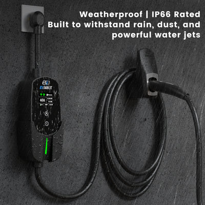 EVDANCE Flux Tesla Portable Charger in the rain.