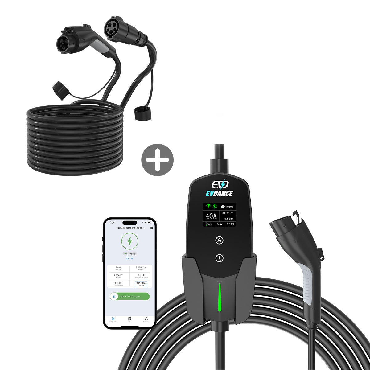 EVDANCE Flux Level 1/2 NEMA 5-15/14-50 Plug 12A/40A J1772 Portable/Home EV Charger + J1772 Extension Cord