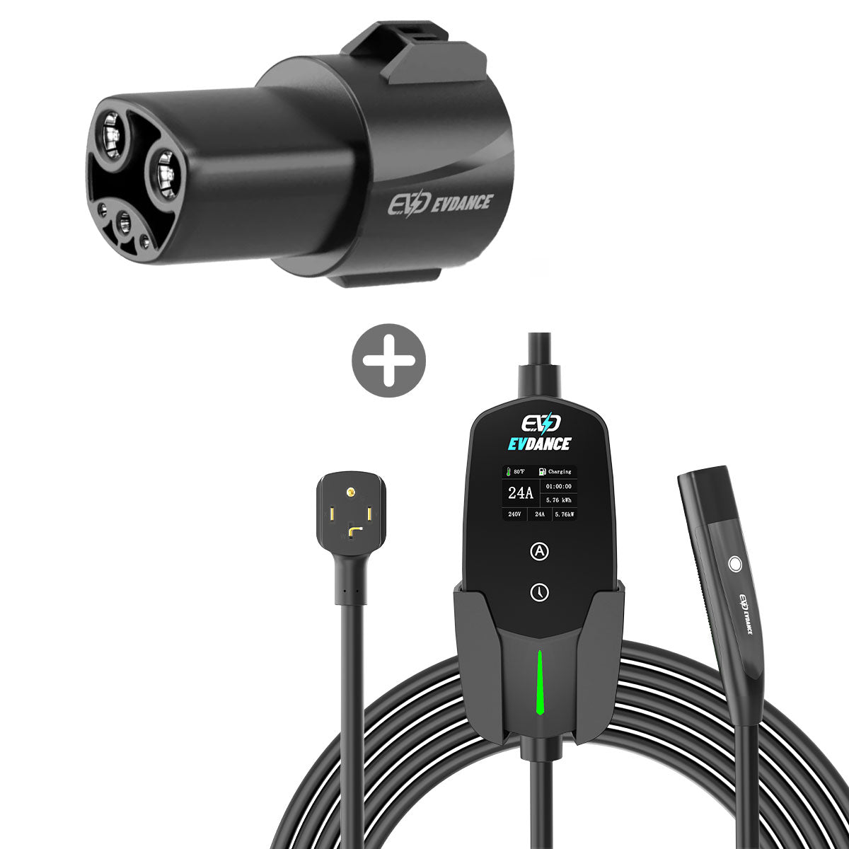 EVDANCE Level 2 NEMA 14-30 Plug 24A NACS(Tesla) Portable EV Charger + J1772 To NACS Adapter