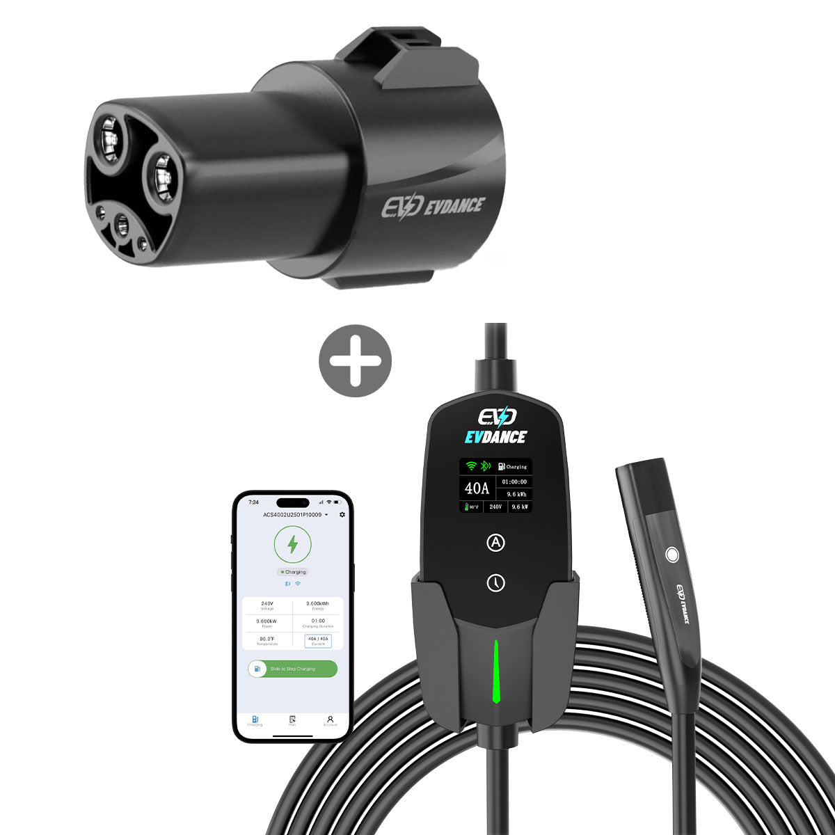 EVDANCE Flux Level 2 NEMA 14-50 Plug 40A NACS(Tesla) Portable EV Charger + J1772 To NACS(Tesla) Adapter