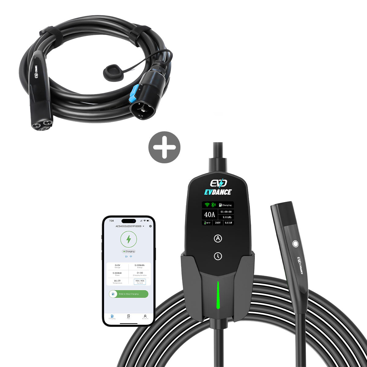EVDANCE Flux Level 1/2 NEMA 5-15/14-50 Plug 12A/40A Tesla Portable/Home EV Charger + NACS(Tesla) Extension Cord