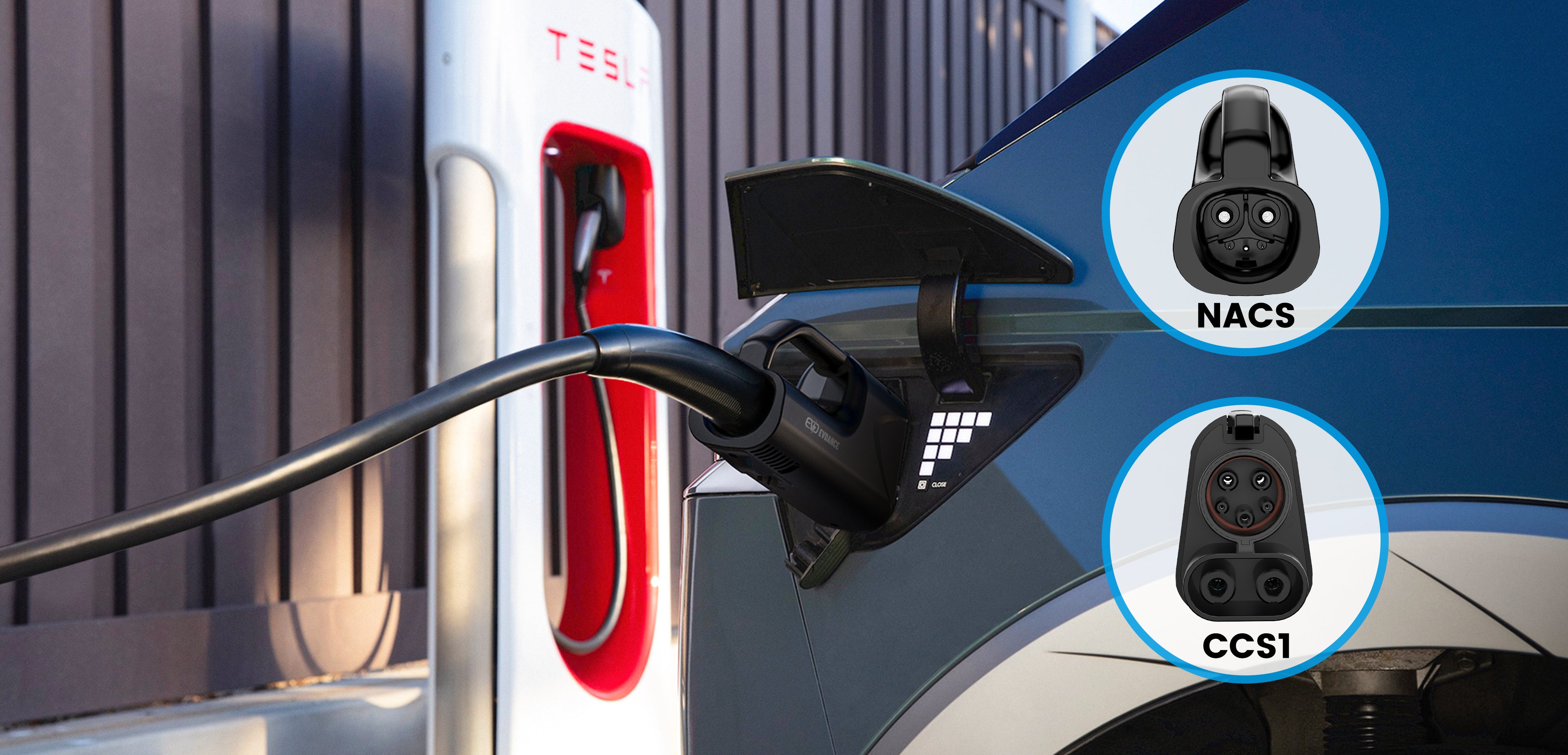 A IONIQ 6 is charging in Tesla super charging station with EVDANCE Pulse Fusion NACS DC to ccs1 adapter charging 