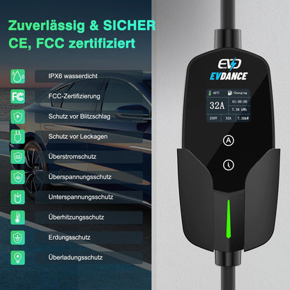 EVDANCE  Tragbares/Wallbox Typ 2 Ladekabel Mit CEE Stecker  7.36kW, 1 Phase, 6.1m, 10/16/20/24/32A EINSTELLBAREM LADESTROM