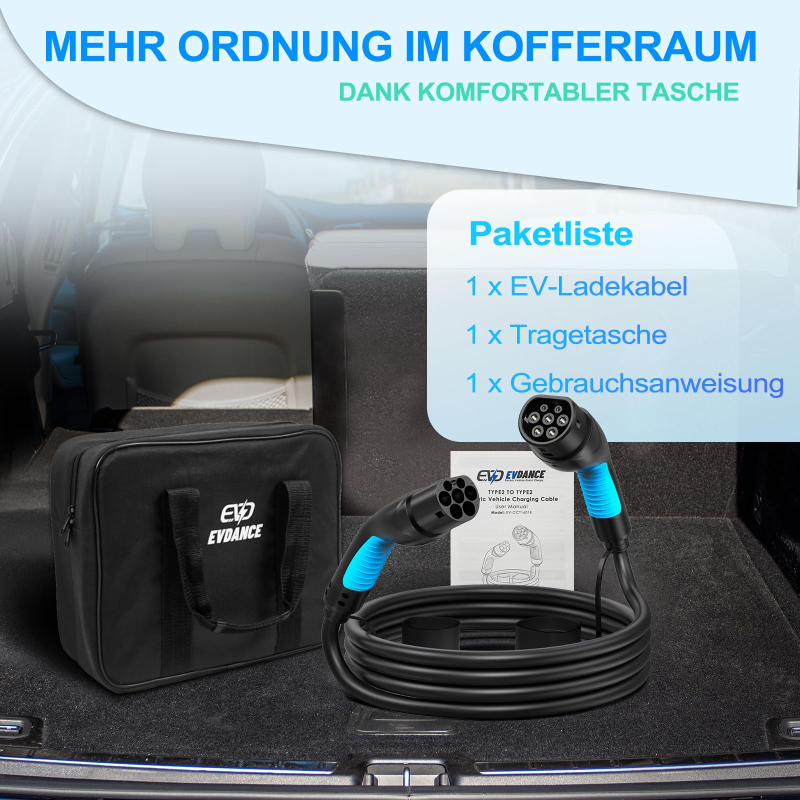 EVDANCE Type 2 to Type 2 Electric Vehicle (EV/PHEV) Charging Cable