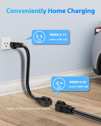 conveniently home charging, NEMA5-15 level 1 120V 12A