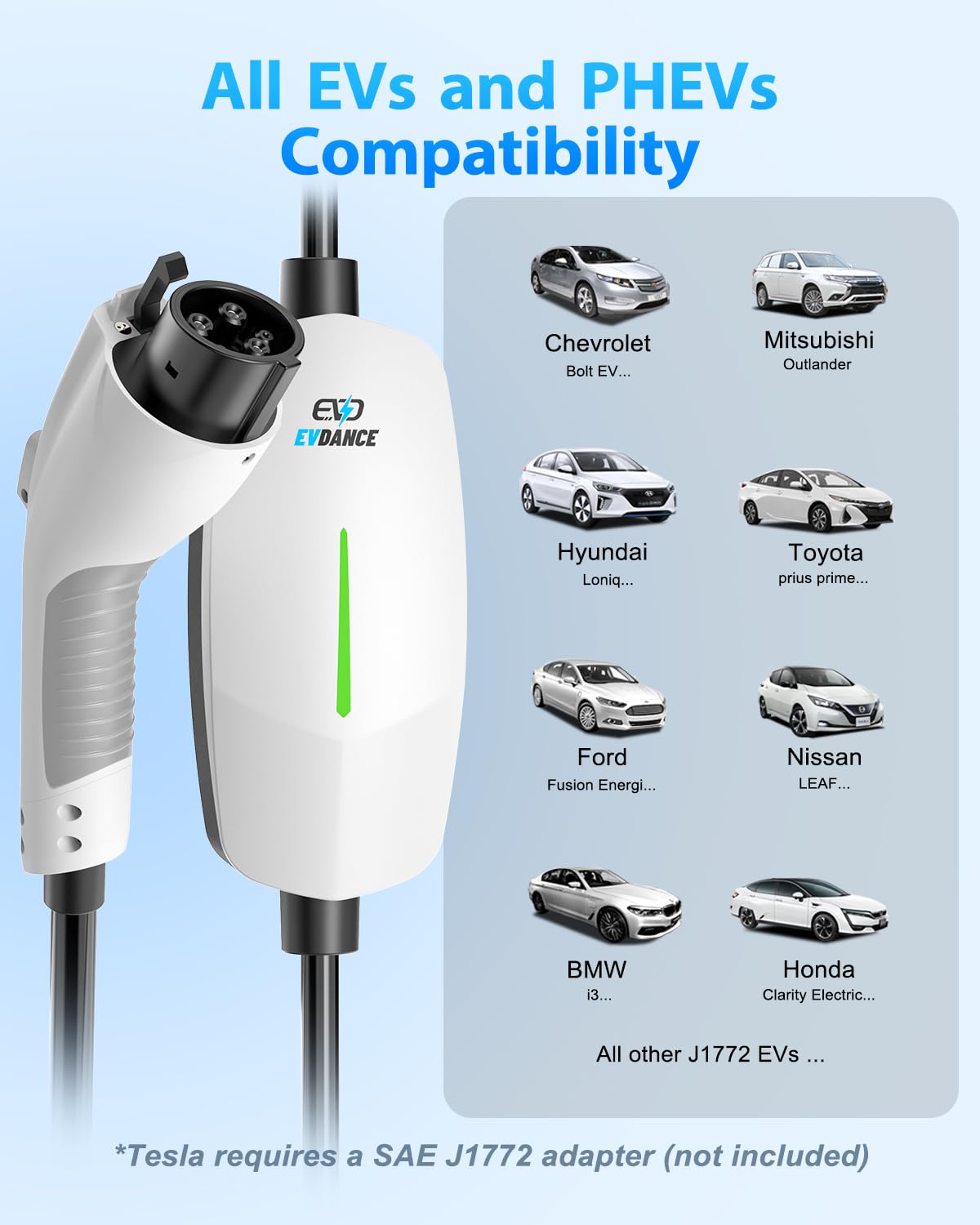 EVs and PHEVs compatibility, Tesla requires a SAE J1772 ADAPTER(NOT INCLUDED)